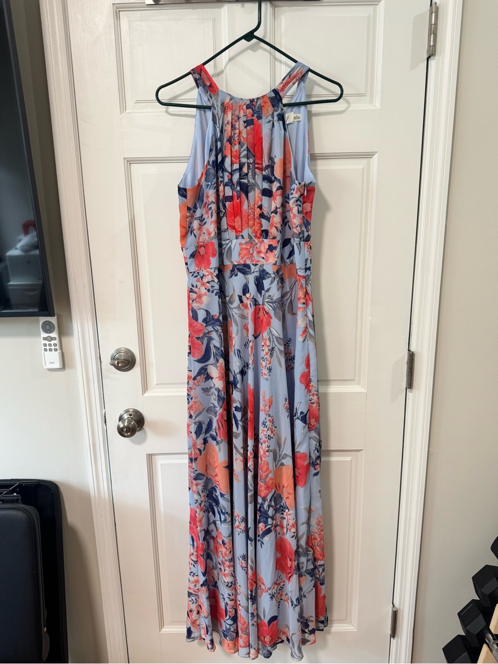 Like New Light Blue Floral Maxi Dress with Coral Accents